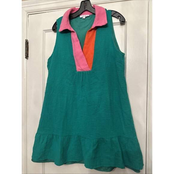 THML: COLOR BLOCK Collar Gauze Green DRESS Size L - Picture 1 of 8